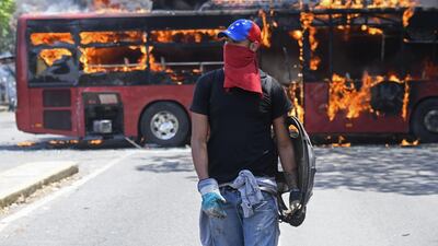 An opposition demonstrator in Caracas, during clashes with soldiers loyal to Venezuelan president Nicolas Maduro. AFP / Federico Parra