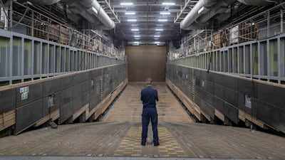The amphibious vehicle loading bay of the vessel, which is on a four-day deployment in Dubai.