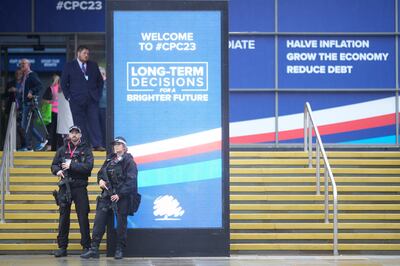 Mr Sunak's new promise to make 'long-term decisions for a brighter future' is a prominent slogan at the Tory conference. Getty Images