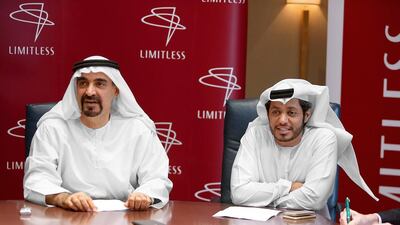 Limitless chairman Ali Rashid Lootah, left, and chief executive and Mohammed Rashed during the announcement of the company’s debt repayment plan on Monday. Pawan Singh / The National