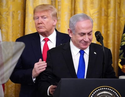 Donald Trump and Israeli Prime Minister Benjamin Netanyahu take part in an announcement of Trump's Middle East peace plan in the East Room of the White House in Washington, DC on January 28, 2020. AFP