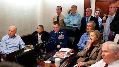 Barack Obama, second from left, Joe Biden, the vice president, left, Robert Gates, the defense secretary, right, and Hillary Clinton, the secretary of state, receive an update on Osama bin Laden. AFP