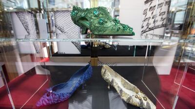 Decadent textures and intricate embellishments are featured on some of the shoes at the Roger Vivier Icons Connected exhibition at The Galleria Mall on Al Maryah Island, Abu Dhabi. Christopher Pike / The National