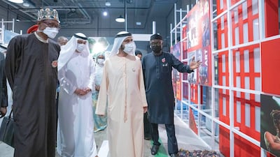 Sheikh Mohammed bin Rashid, Vice President and Ruler of Dubai, with Nigerian President Muhammadu Buhari, left, at Expo 2020 Dubai on Saturday. All photos: Dubai Media office