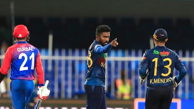 Asitha Madusanka Fernando of Sri Lanka celebrates the wicket of Rahmanullah Gurbaz of Afghanistan. All pictures Pankaj Nangia / Creimas for Asian Cricket Council