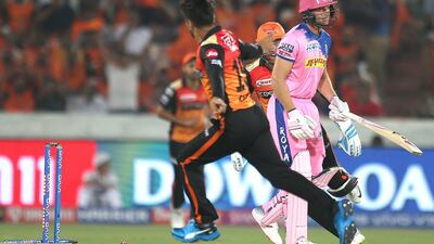 Rajasthan Royals batsman Jos Buttler, right, is seeking clarity into the law that relates to 'Mankading'. Mahesh Kumar A / AP Photo