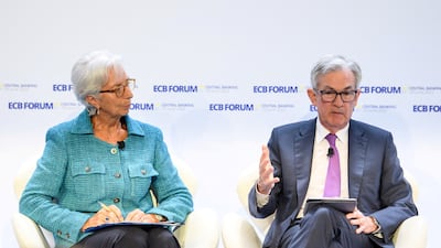 ECB president Christine Lagarde and US Fed chairman Jerome Powell at a forum on central banking in Sintra, Portugal, in June 2022. Reuters