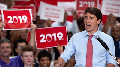 Prime Minister Justin Trudeau addresses supporters during his nomination meeting in Montreal on Sunday. AP
