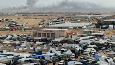 Smoke rises during an Israeli ground operation in Khan Younis, seen from a camp for displaced Palestinians in Rafah, southern Gaza. Reuters