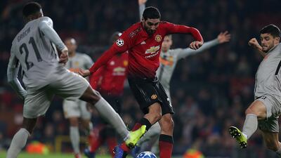Manchester United's Marouane Fellaini scores in the 91st minute. EPA