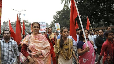 Members of the National Committee to Protect Oil, Gas, Mineral Resources, Power and Ports attend a rally protesting the police attacks on them during the strike in Dhaka, Bangladesh, 28 January 2017. EPA