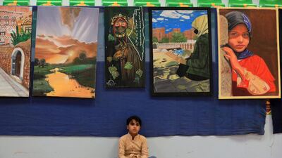 Paintings at an art exhibition in the Houthi-held capital of Yemen, Sanaa. AFP