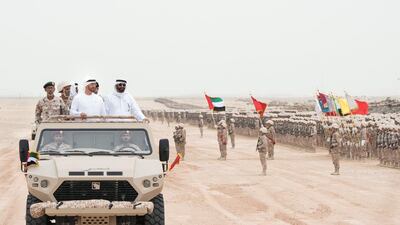 Sheikh Mohammed bin Zayed, Crown Prince of Abu Dhabi and Deputy Supreme Commander of the Armed Forces, inspects members soldiers during a military exercise last month. Rashed Al Mansoori / Crown Prince Court - Abu Dhabi