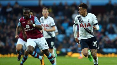 Aston Villa’s Jores Okore (left) vies for the ball against Tottenham Hotspur’s Dele Alli (right) during the Premier League match between Aston Villa and Tottenham Hotspur at The Villa Park Stadium in Birmingham, Britain, 13 March 2016. EPA/TIM KEETON
