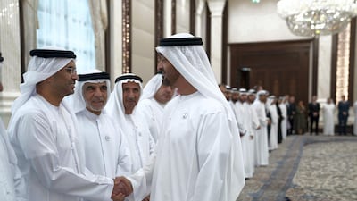 Sheikh Mohamed bin Zayed receives Special Olympics sponsors during an iftar reception at Al Bateen Palace. Eissa Al Hammadi for the Ministry of Presidential Affairs