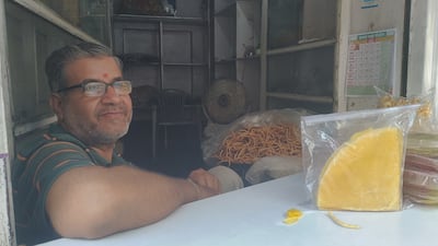 Ashok Khatri's shop specialises in mota, or thick, versions of the crispy snack. Anmol Arora for The National