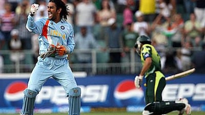MS Dhoni, left, and India got the better of Pakistan in the Twenty20 World Cup final in 2007 in Johannesburg, South Africa. Hamish Blair / Getty Images