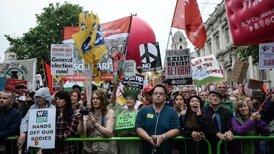 Demonstrators gather to listen to Jeremy Corbyn, leader of the UK opposition Labour party, speak during an anti-Trump demonstration in London. Bloomberg
