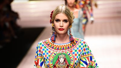 Lady Kitty Spencer presents a creation during the Dolce & Gabbana fashion show, as part of the Women's spring / summer 2019 fashion week in Milan, on September 23, 2018