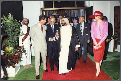 Founding Father Sheikh Zayed with Prince Charles and Princess Diana in Abu Dhabi in 1989. Courtesy Zaki Nusseibeh / Akkasah Center for Photography