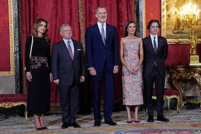 Prince Hashem with Spain's King Felipe and Queen Letizia at the Royal Palace in Madrid during a state visit with his parents. Photo: Royal Hashemite Court