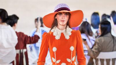 Marc Jacobs mixes tangerine orange with lace collars, spring summer 2020