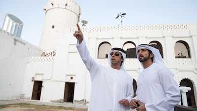 Sheikh Mansour bin Zayed, Deputy Prime Minister and Minister of Presidential Affairs, left, and Sheikh Hamdan bin Mohammed, Crown Prince of Dubai, right, tour the fort during the Qasr Al Hosn Festival. Silvia Razgova / Crown Prince Court - Abu Dhabi