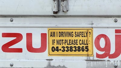 Are you driving safely stickers are a common sight on UAE roads but The National finds that it is hit and miss whether the telephone numbers actually work. Jeffrey E Biteng / The National