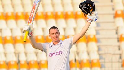Harry Brook celebrates his century in Multan. EPA