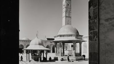The Great Mosque in Aleppo, Syria, showing the ablution fountains and minaret, October 1962. It hails from the 11th century and was destroyed in April 2013