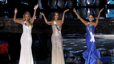 Miss Colombia Ariadna Gutierrez and Miss Philippines Pia Alonzo Wurtzbach, celebrate after making it to the final three contestants. Reuters