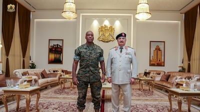 Gen Michael Langley, head of US Africa Command, with Libyan National Army leader Field Marshal Khalifa Haftar, in Benghazi. Reuters