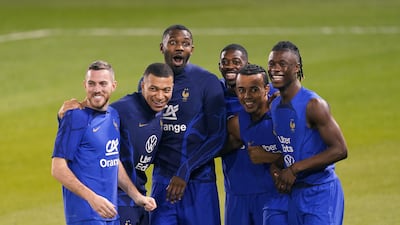 France's Jordan Vertout, Kylian Mbappe, Marcus Thuram, Ousmane Dembele, Jules Kounde and Eduardo Kamavinga train for the World Cup final in Doha. PA