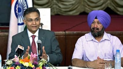 Sanjay Verma, the Indian consul general, and SP Singh, who donated more than half of the blood money payout, at the Indian Consulate in Bur Dubai.