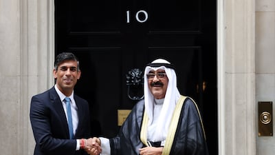 Britain's Prime Minister Rishi Sunak welcomes Kuwait's Sheikh Meshal Al Ahmad Al Sabah to Downing Street. EPA
