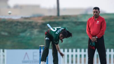 Bangladesh's Marufa Akter bowls against Zayed Cricket Academy at the Tolerance Oval in Abu Dhabi.