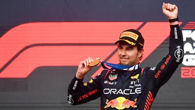 Sergio Perez celebrates his victory in Azerbaijan. Getty