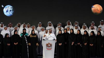 Sheikh Mohammed bin Rashid, Vice President and Ruler of Dubai, announces the UAE Mars mission named "Hope" — or "al-Amal" in Arabic - in June 2015. Kamran Jebreili / AP Photo