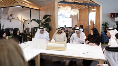 Sheikh Mohammed, Sheikh Hamdan, Sheikh Saif and Mohammed Al Gergawi are told about the phases and objectives of the Government Accelerators in a meeting on Sunday. Wam