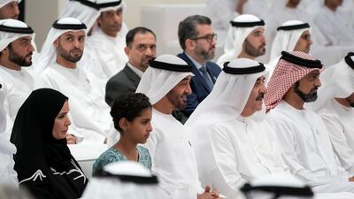 Sheikh Mohammed bin Zayed attends a lecture by Razan Al Mubarak, secretary general of the Environment Agency – Abu Dhabi. Seen with Sheikh Ammar bin Humaid, Sheikh Saud bin Rashid, Sheikha Salama bint Mohammed and Dr Amal Al Qubaisi. Mohammed Al Hammadi / Crown Prince Court - Abu Dhabi