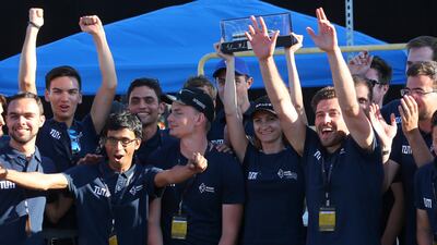 WARR Hyperloop student initiative from the Technical University of Munich, Germany, celebrate winning SpaceX's Hyperloop Pod Competition II in Hawthorne, California. Mike Blake / Reuters