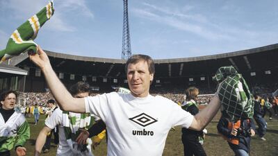 Celtic manager Billy McNeill celebrates after Celtic beat Dundee 3-0 to win the 1987/88 league title at Park Head on April 23, 1988, in Glasgow, Scotland. Getty Images