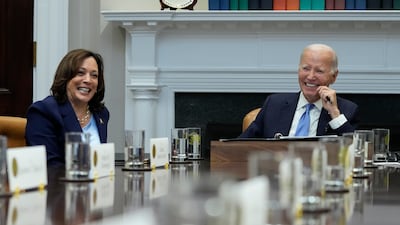 US President Joe Biden and Vice President Kamala Harris during a meeting in the Roosevelt Room of the White House on Monday. AP Photo