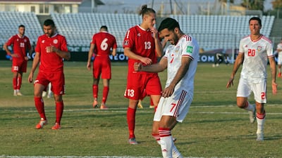 UAE forward Ali Mabkhout celebrates after scoring the late winner against Lebanon during the World Cup qualifer in Sidon on Tuesday, November 16