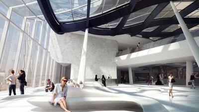 Reception area with the Burj Khalifa in the background.