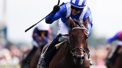 Baaeed, ridden by Jim Crowley, wins the Juddmonte International Stakes at the Ebor Festival at York. PA