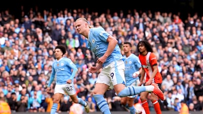 Manchester City's Erling Haaland celebrates after scoring their third goal. PA