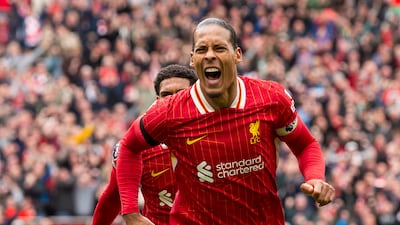 Liverpool captain Virgil van Dijk celebrates scoring the winner against West Ham United at Anfield. EPA