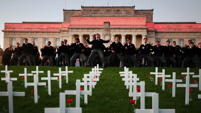 A haka is performed by cadets on Anzac Day in Auckland, New Zealand. Getty Images