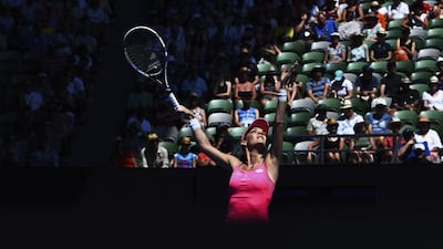 epa05125780 Agnieszka Radwanska of Poland serves against Carla Suarez Navarro of Spain during their quarter finals round on day nine of the Australian Open tennis tournament in Melbourne, Australia, 26 January 2016. EPA/TRACEY NEARMY AUSTRALIA AND NEW ZEALAND OUT